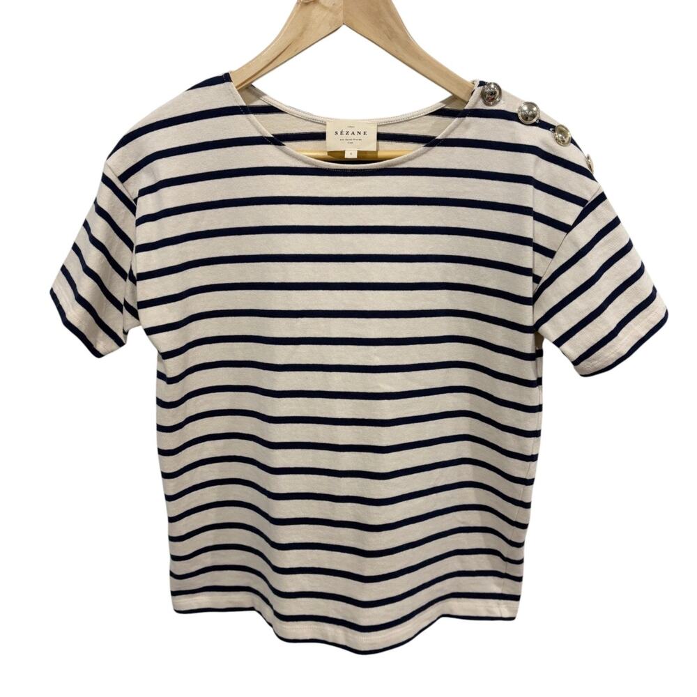 Sezane Derek T-Shirt Striped Women's Small Cream/Black